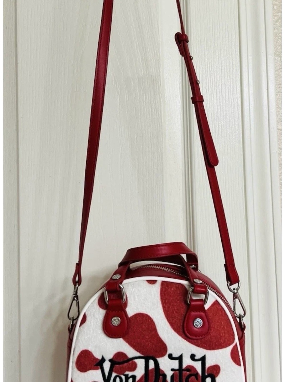 Von Dutch Red and White cow print Crossbody Bag NWT